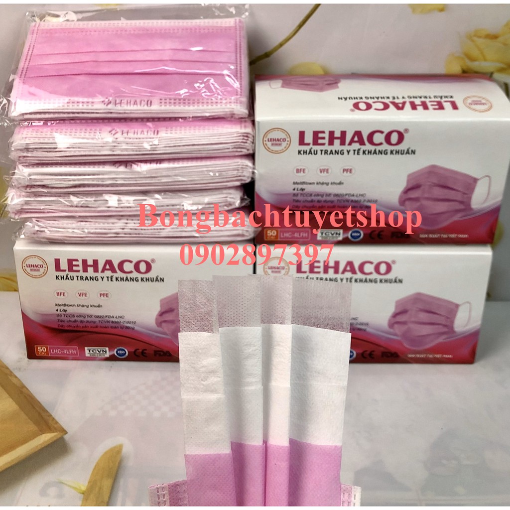 Khẩu trang Lehaco 4 lớp giấy kháng khuẩn màu Xanh / Hồng / Trắng / Xám 50 cái/ hộp