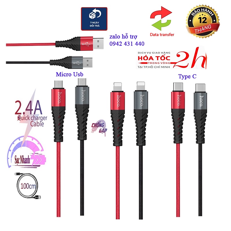 Cáp sạc Hoco x38 2.4a bọc dù chống gập hoco x38 1m (micro,type C,ip) truyền dữ liệu