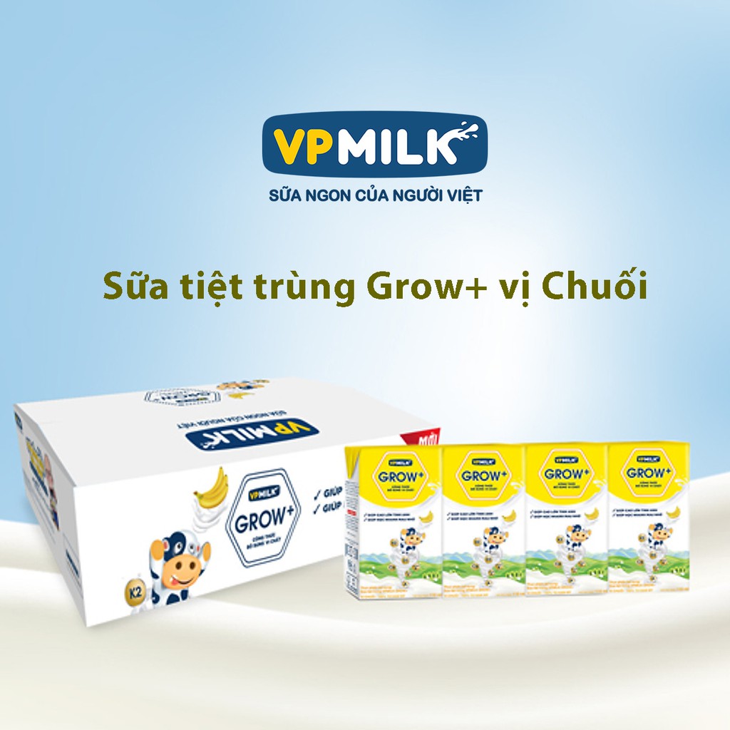 Thùng sữa tiệt trùng có đường VPMilk Grow+ trắng, chuối, dâu cho trẻ từ 1 tuổi trở lên (110ml và 180ml)