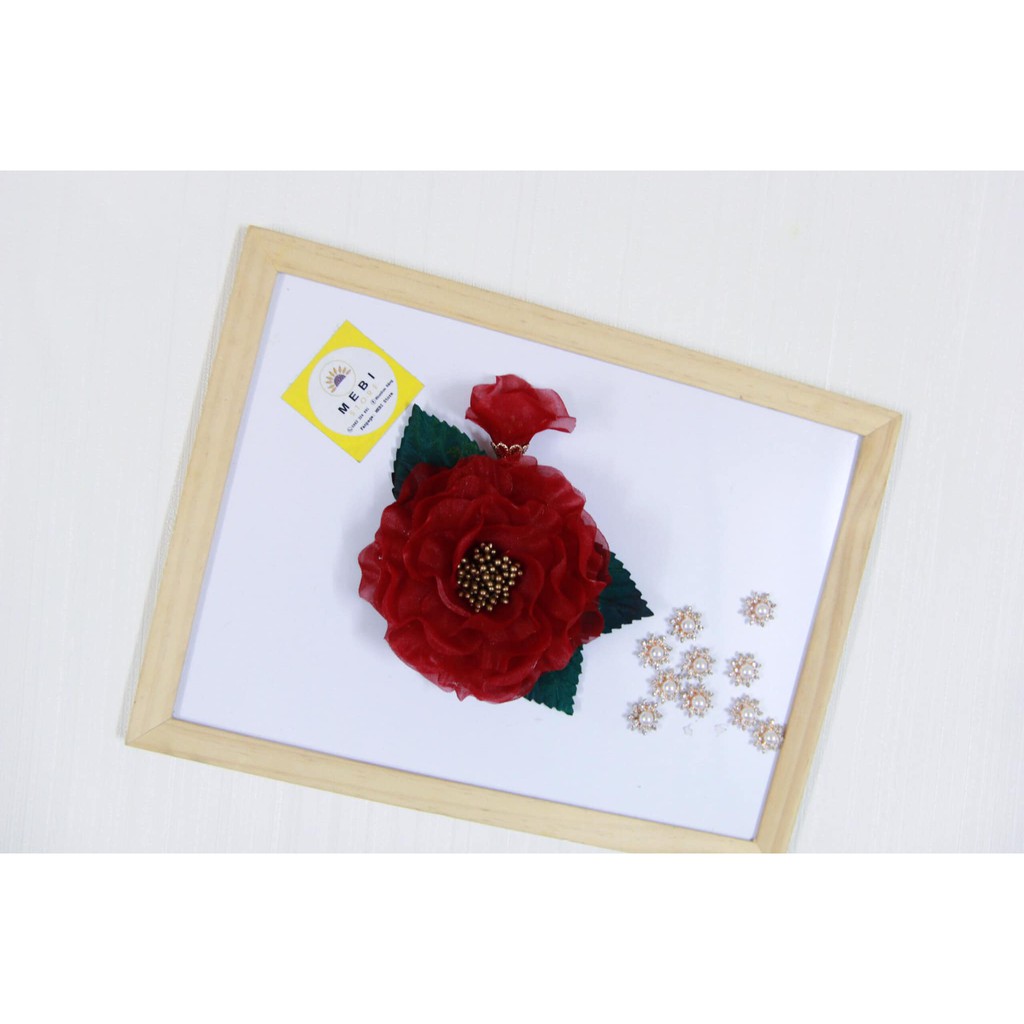(Ảnh thật 100%) Hoa cài áo handmade vải voan 1 nụ đế kim loại siêu sang (size 13.5 - 14cm)