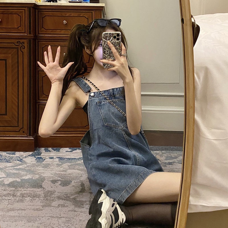 Đầm yếm denim lưng cao dáng rộng phong cách Hàn Quốc thời trang cho nữ，yếm jean nữ