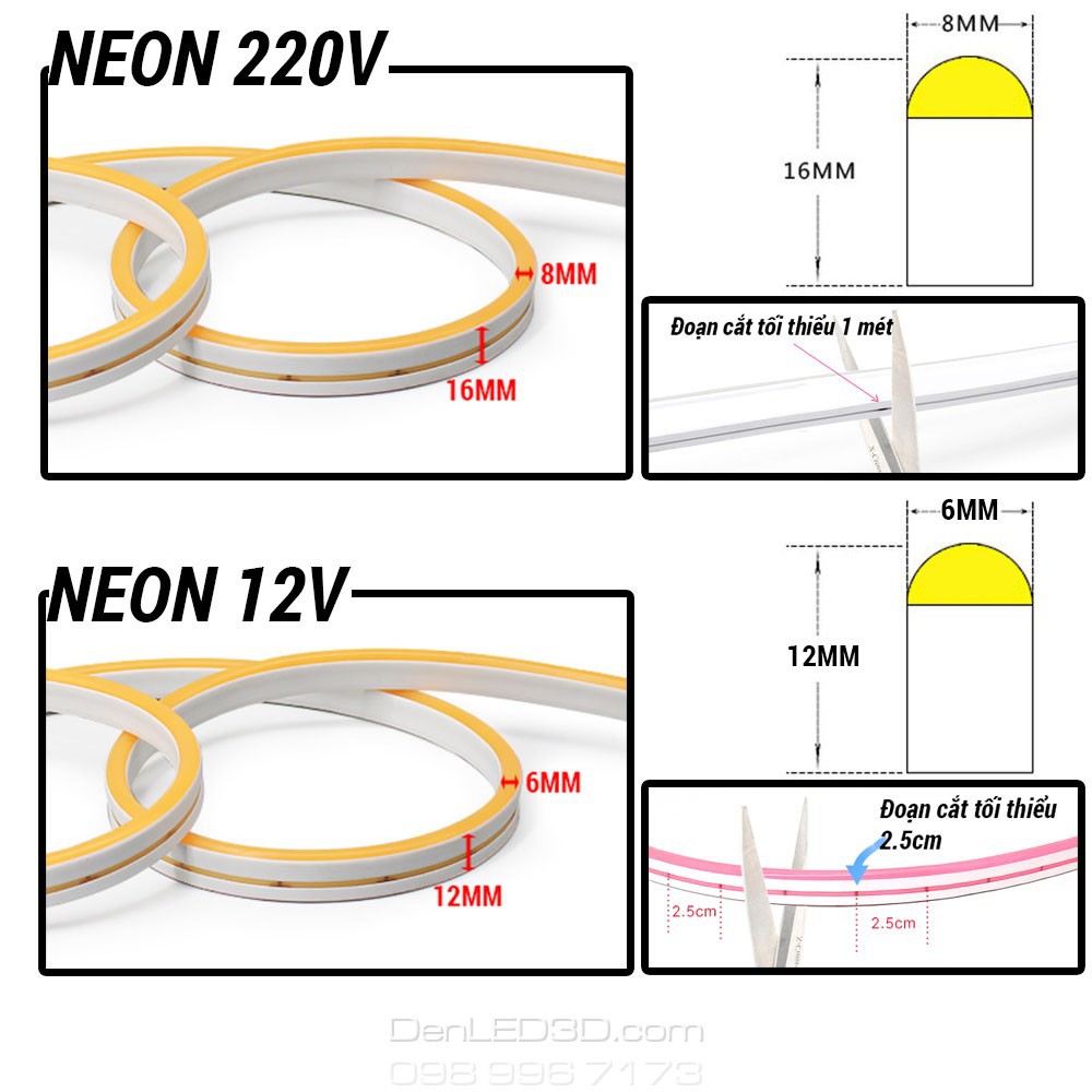 Dây Led Neon 12V Kèm Nguồn Dài 1M/2M/3M/5M Trang Trí Ngoài Trời, Chống Nước