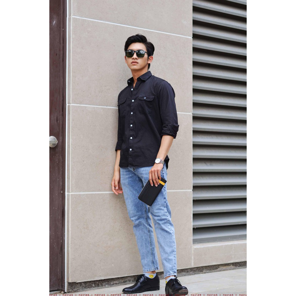 Sơ mi nam tay dài Havias có 2 túi màu đen vải Cotton 100% cao cấp