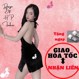 Váy yếm choàng cổ, đầm nữ dáng ngắn kiểu hở lưng xẻ tà cổ đổ cột dây sau cực sexy - VD15