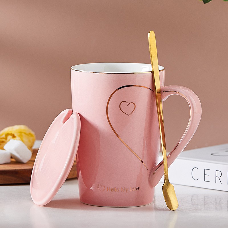 Ly cốc sứ có nắp Hello My Love viền vàng cực đẹp