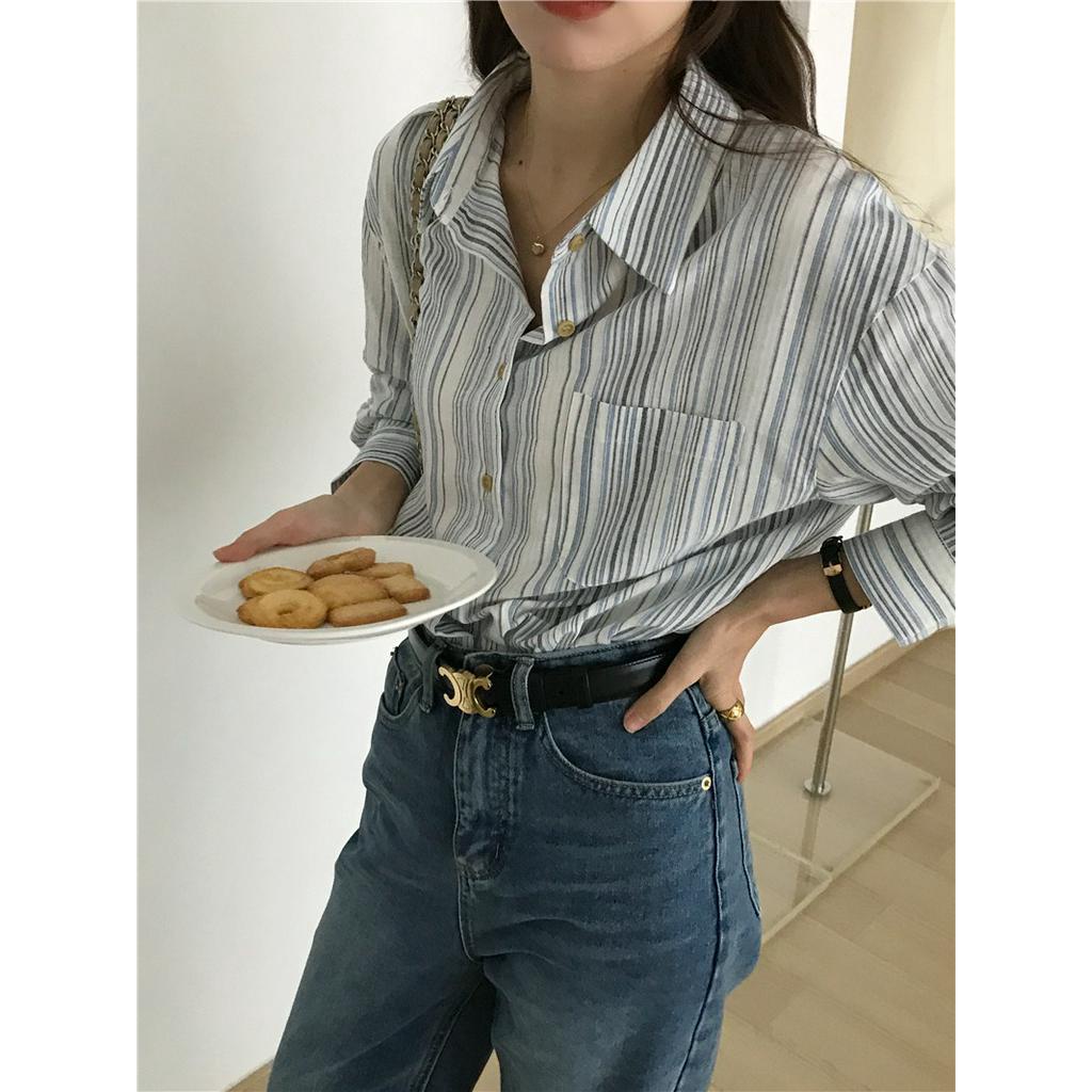 61148 Áo Sơ Mi Dài Tay Sọc Đơn Giản Vải Lanh Cotton