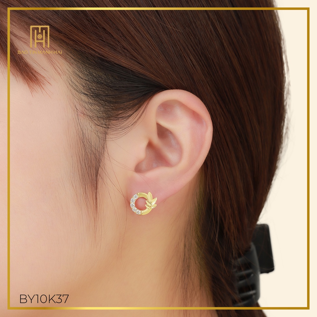 Bông tai vàng 10k dáng nguyệt quế đính đá BY10K37 Bảo Tín Mạnh Hải