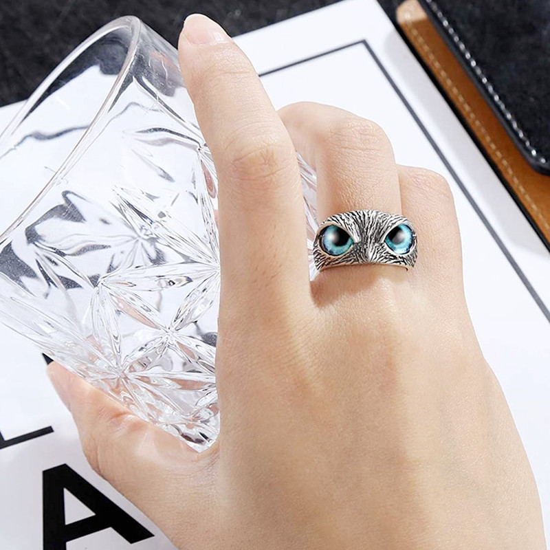 Copper Owl Rings Silver Demon Eye Owl Ring for Women Girl Lovers Retro Animal Open Adjustable Ring Statement Ring Jewelry Gift