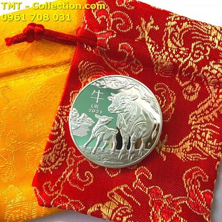 Xu Con Trâu Mạ Bạc Tặng Túi Gấm, Quà tặng tiền lì xì độc lạ nhân dịp năm mới 2021 Tân Sửu-TMT Collection - SP005027