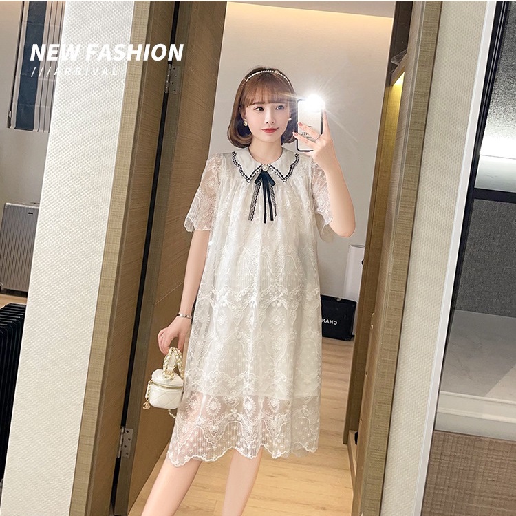 Váy đầm bầu cổ sơ mi ren thiết kế công sở, dự tiệc cho mẹ bầu phong cách hàn quốc sang trọng lịch sự mới mùa hè