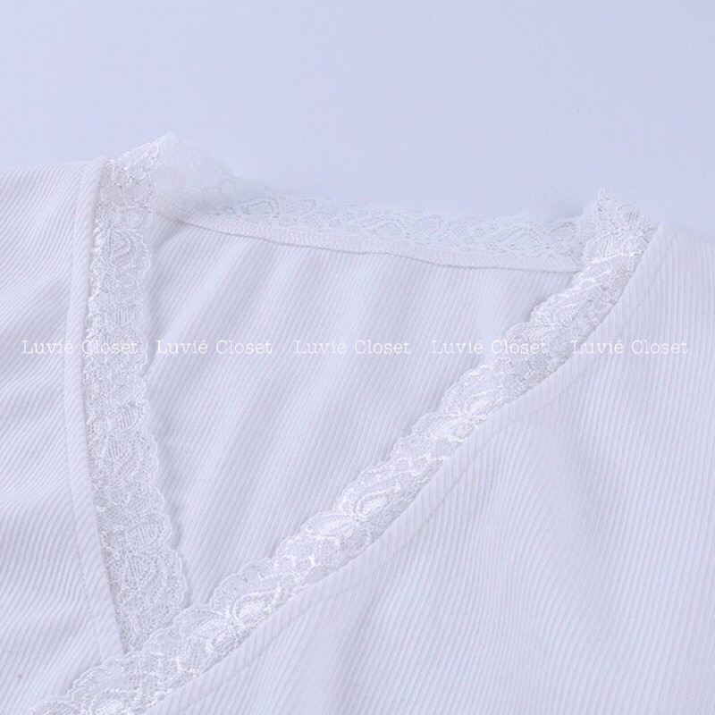 Áo Croptop Vạt Chéo Viền Ren Tay Dài Phom Ôm Chuẩn, Áo Kiểu nữ đắp chéo