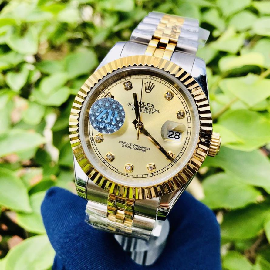 Đồng hồ Nam Rolex máy nhật dòng cơ Automatic size 41mm số đá mặt vàng dây đơ mi khóa vuông mới