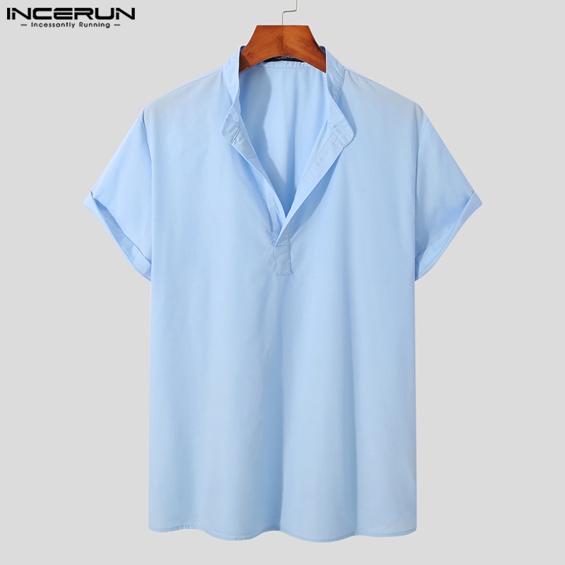 Áo sơ mi cotton INCERUN ngắn tay cổ chữ v màu trơn thời trang mùa hè cho nam