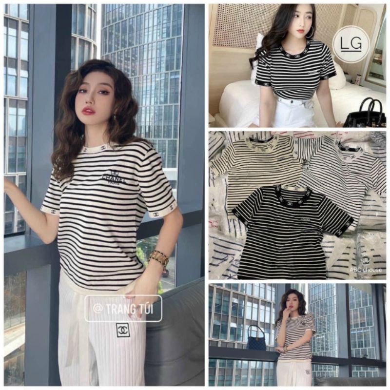 Áo len kẻ ngang viền cổ X hàng QC