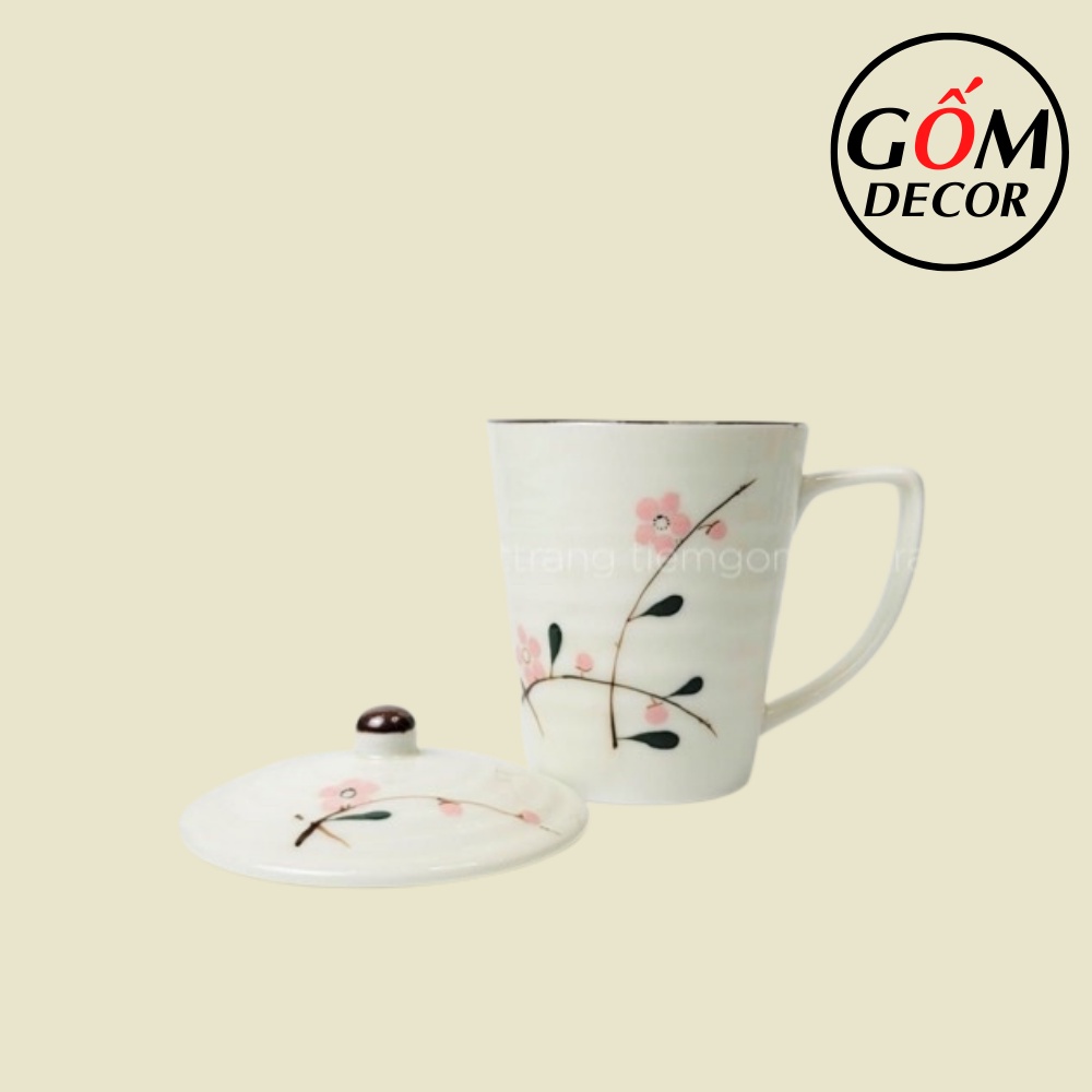 Cốc sứ có nắp men kem Bát Tràng chính hãng, cốc uống nước có quai 350ml nhiều họa tiết đẹp