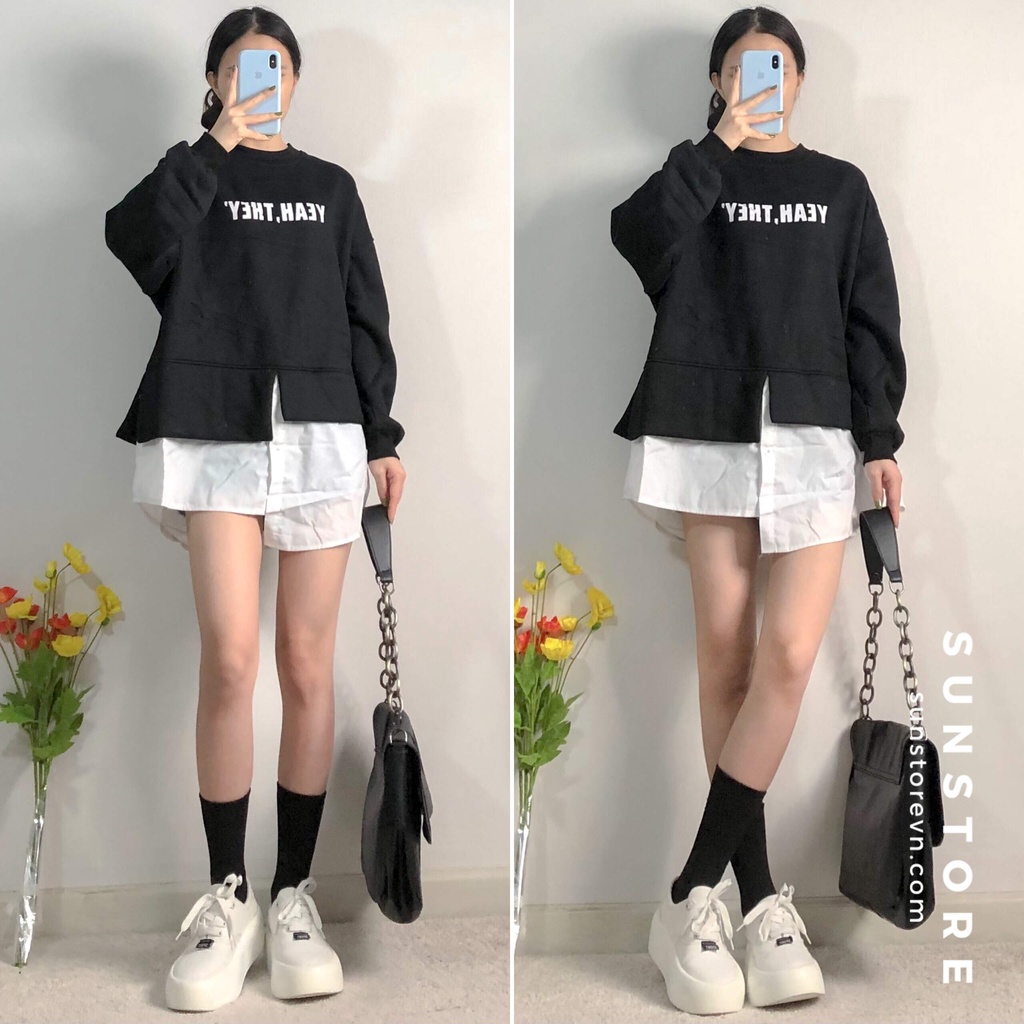 Áo sweater tay dài phối vạt trắng 2 màu đen và xám thời trang thu đông Ulzzang