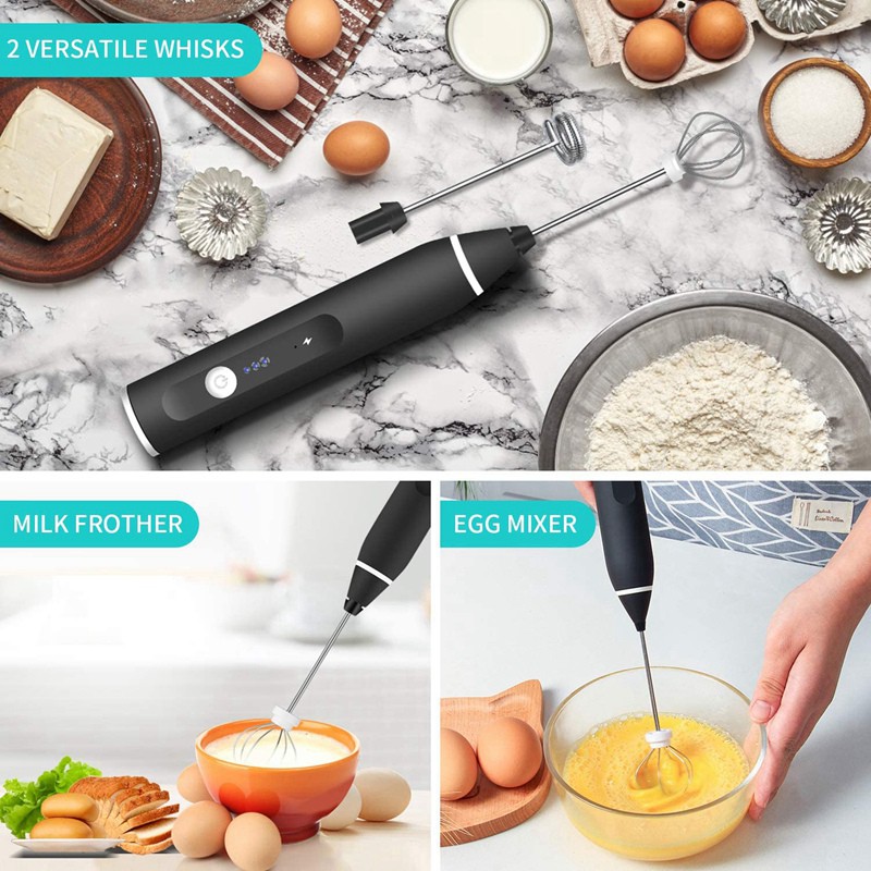 【Lifestyle】Mini Electric Milk Frother,USB Rechargeable Drink Mixer Handheld Egg Beater with 3 Mixing Head for Cappuccino