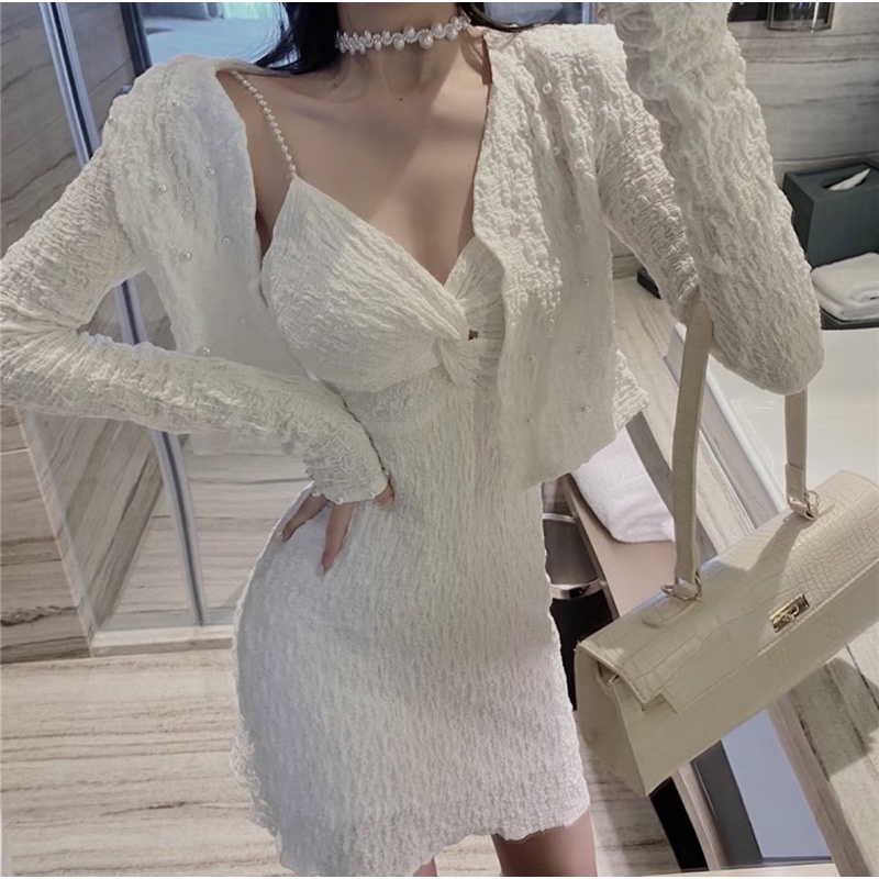 SET ĐẦM 2 DÂY XOĂN NGỰC + KHOÁC CROPTOP