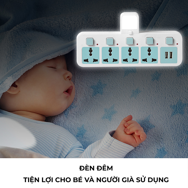 Ổ điện, Ổ cắm điện đa năng tích hợp cổng USB sạc điện thoại và đèn ngủ thông minh đẹp mắt bảo hành 12 tháng