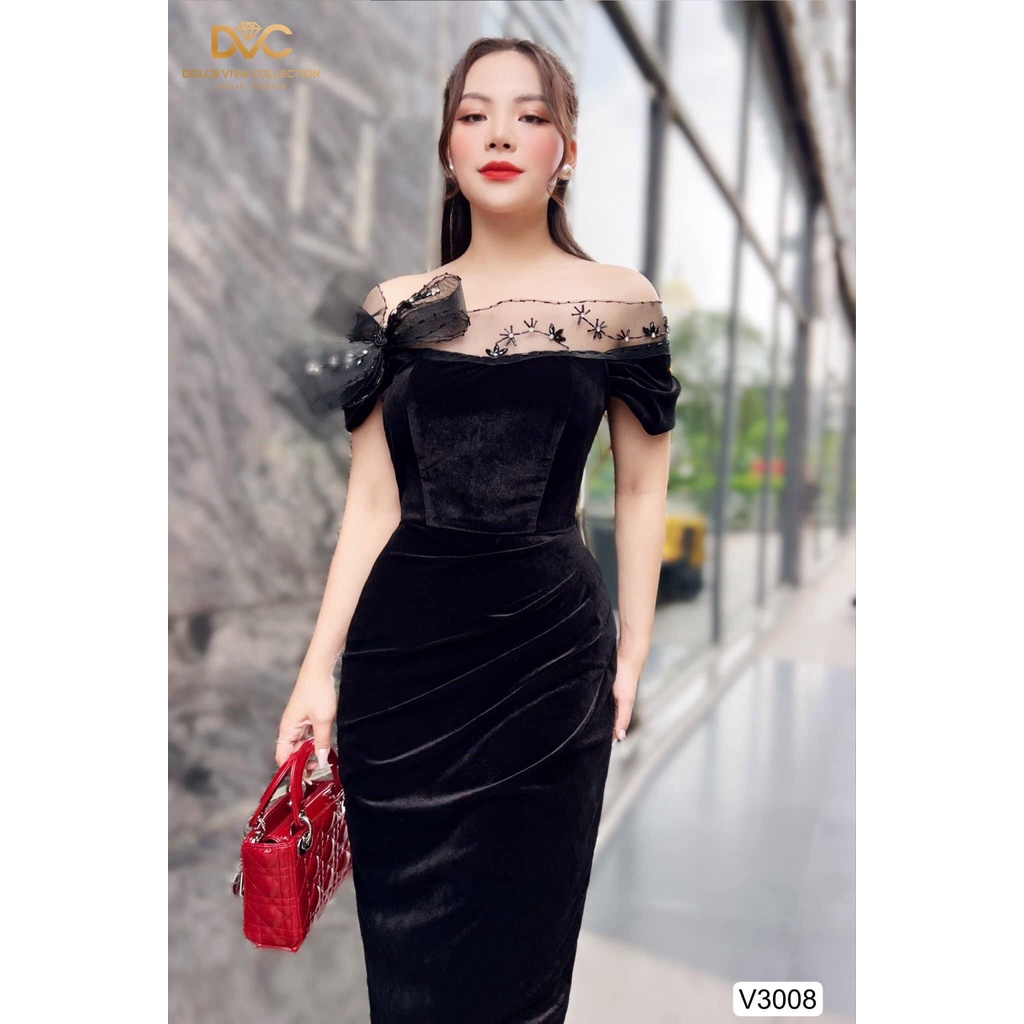 V3008 Váy đen nhung  váy ôm body nhún eo trễ vai dự tiệc sang chảnh  Dolce viva colection