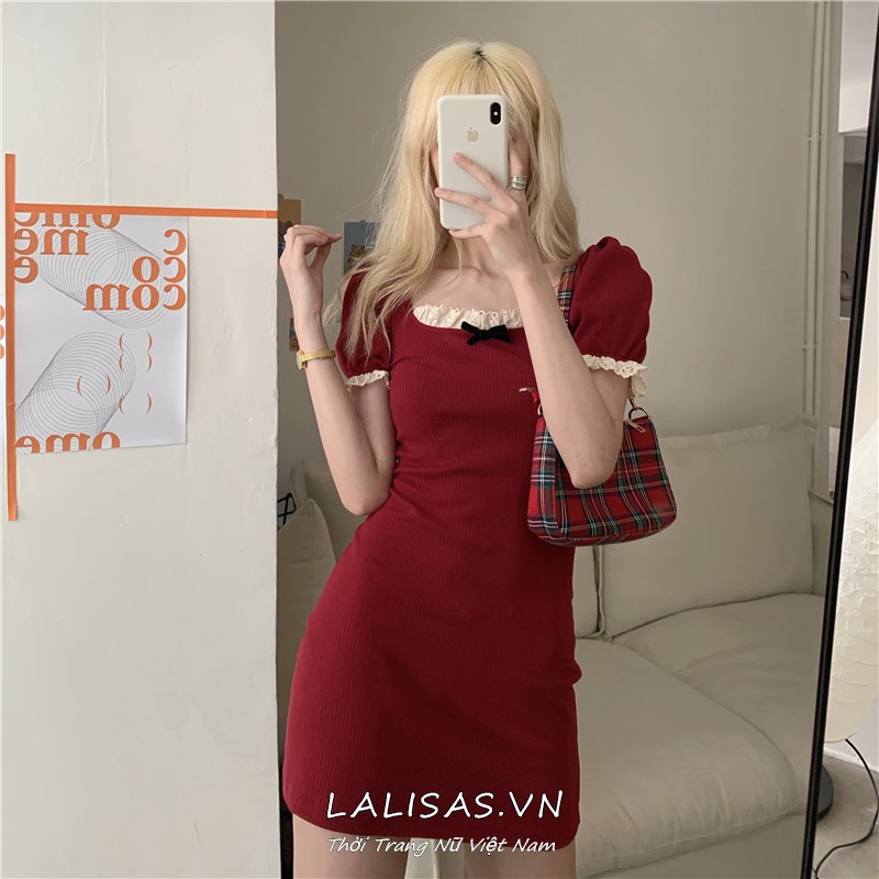 Đầm / Váy / Áo Sơ Mi Đan Cổ Vuông Tay Ngắn Phối Ren Hàn Quốc | BigBuy360 - bigbuy360.vn