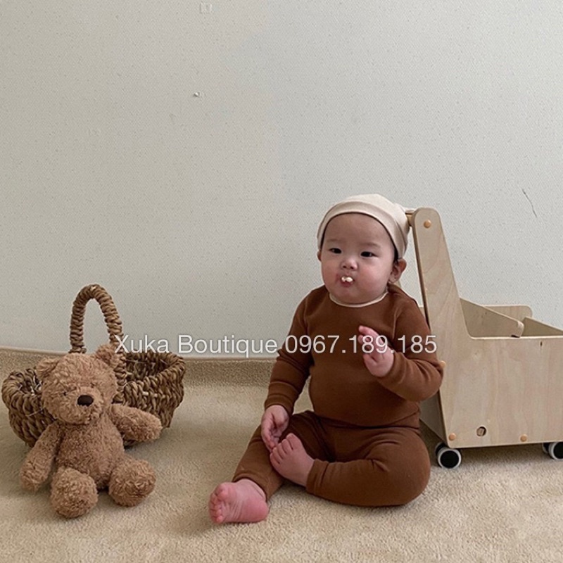 Set Bodysuit Dài Tay Kèm Mũ Cục Bông Cho Bé 0-3 Tuổi Style Nhật Bản Chất Cotton Cực Mềm Mại Mùa Thu Đông