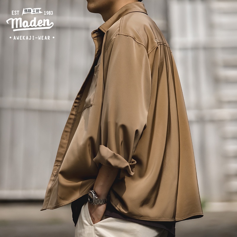 Áo sơ mi MADEN tay dài vải satin kiểu retro Mỹ cá tính thời trang cho nam