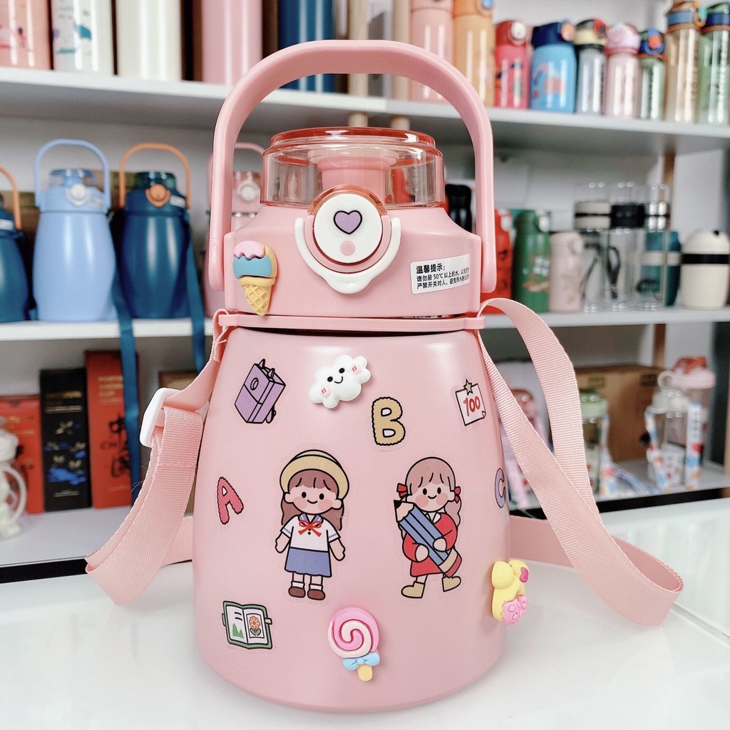 Bình giữ nhiệt 1000ml có ống hút lõi inox 304 giữ nhiệt 12h tặng Sticker trang trí siêu dễ thương