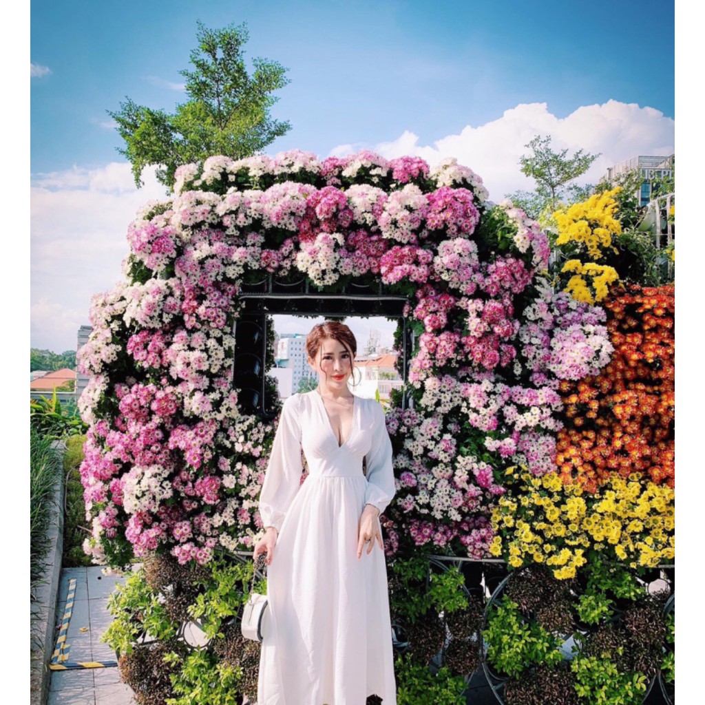 Đầm maxi trắng tay dài bản eo sang trọng - Kèm video