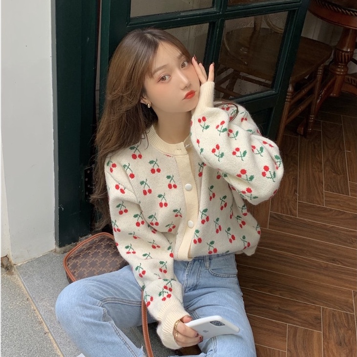 Áo Cardigan dài tay họa tiết cherry thiết kế xinh xắn phong cách Hàn Quốc dành cho nữ