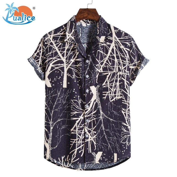 Áo sơ mi cotton lanh ngắn tay họa tiết in ấn dành cho nam | BigBuy360 - bigbuy360.vn