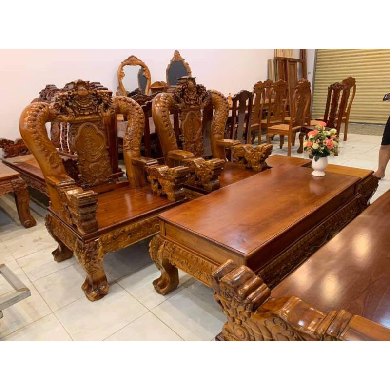 Bộ bàn ghế rồng bát tiên gỗ tràm bông vàng lõi tay 14 gồm 6 món  trang trí phòng khách ( ẢNcH THẬT 100% )