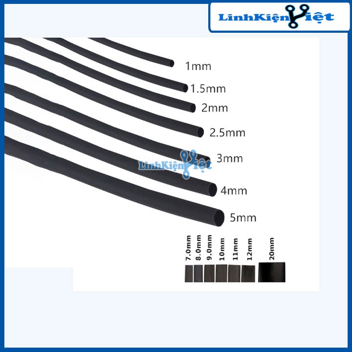 Combo Bộ 5 Ống Gen Co Nhiệt, Cách Điện 1mm, 2mm, 3mm, 4mm, 5mm, Dài 1m Mỗi Sợi - Màu đen