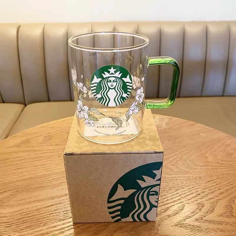 cốc thủy tinh Starbucks Cốc hoa lê 502ml Tay cầm màu xanh lá cây Dung tích lớn Ly cà phê Uống văn phòng Hộp quà sáng