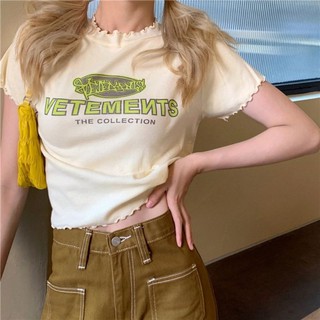 Áo croptop chữ VETEMENTS viền co cổ tròn freesize