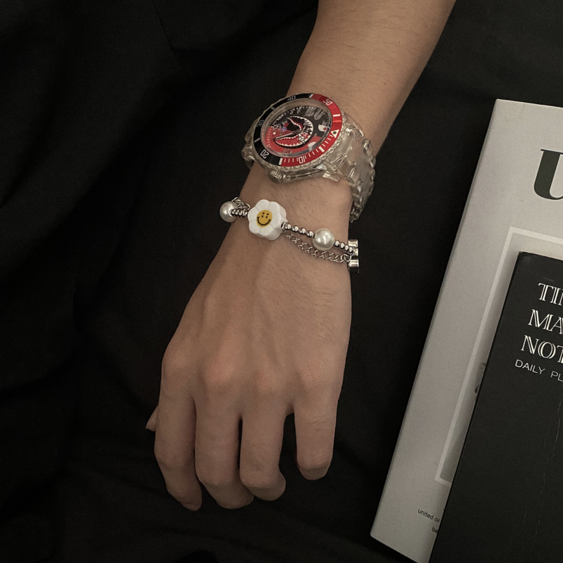 Vòng Tay Đính Ngọc Trai Giả Mặt Cười Phong Cách Harajuku Thời Trang Unisex 19402