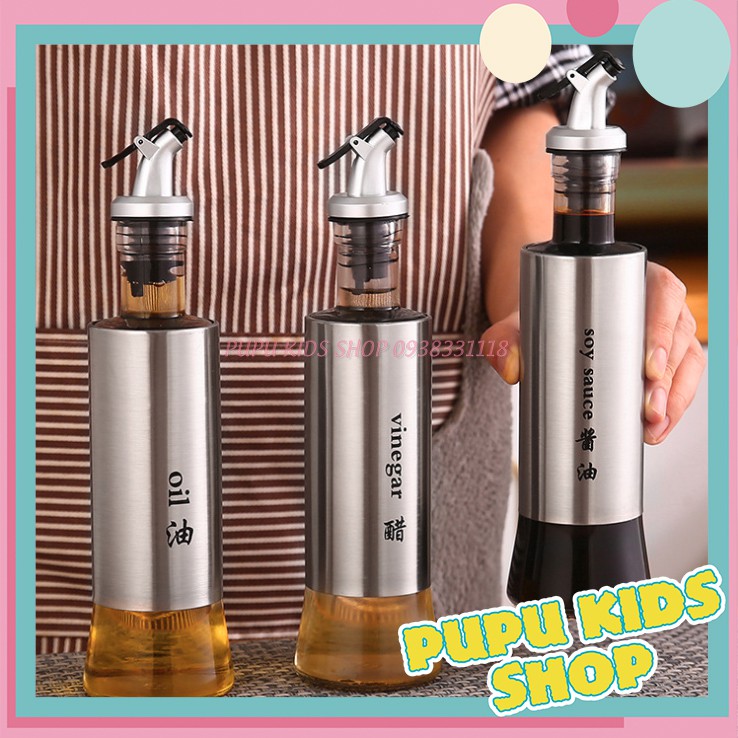 [Tặng Kẹp Miệng Túi] Chai Rót Dầu Ăn, Nước Tương Thủy Tinh Bọc Inox Cao Cấp
