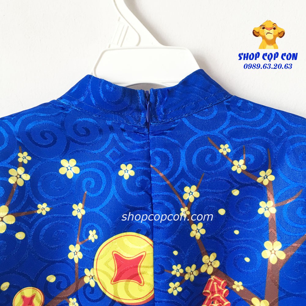 Áo dài bé trai hình múa lân màu xanh bích