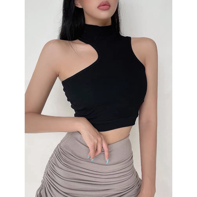 Porozi  Áo croptop sát nách cổ lọ  thiết kế bất đối xứng có đệm ngực phong cách thời trang Hàn Quốc quyến rũ cho nữ