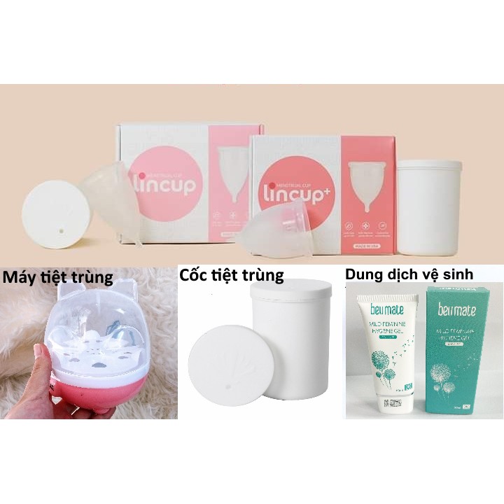 Bộ Cốc nguyệt san Lincup chính hãng từ Mỹ tặng kèm máy tiệt trùng dung dịch vệ sinh cốc tiệt trùng