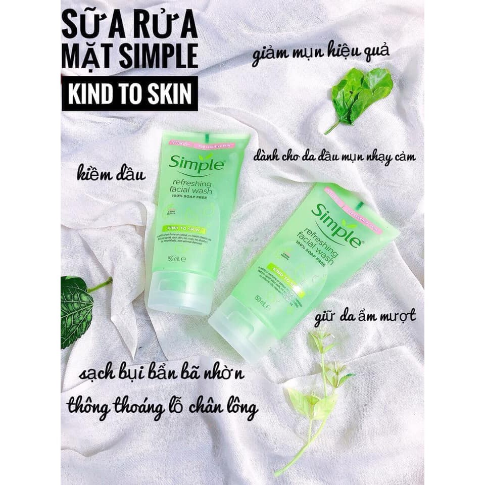 Sữa rửa mặt Simple Kind To Skin Refreshing Facial Wash Gel 150ml (SRM Simple Xanh)