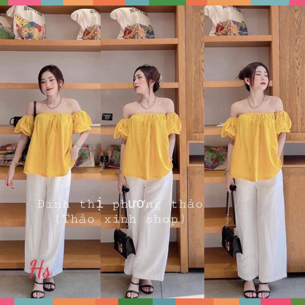 Set Bộ Áo Nữ Trễ Vai Quần Trắng Đũi Ống Rộng 2 Màu Siêu Xinh