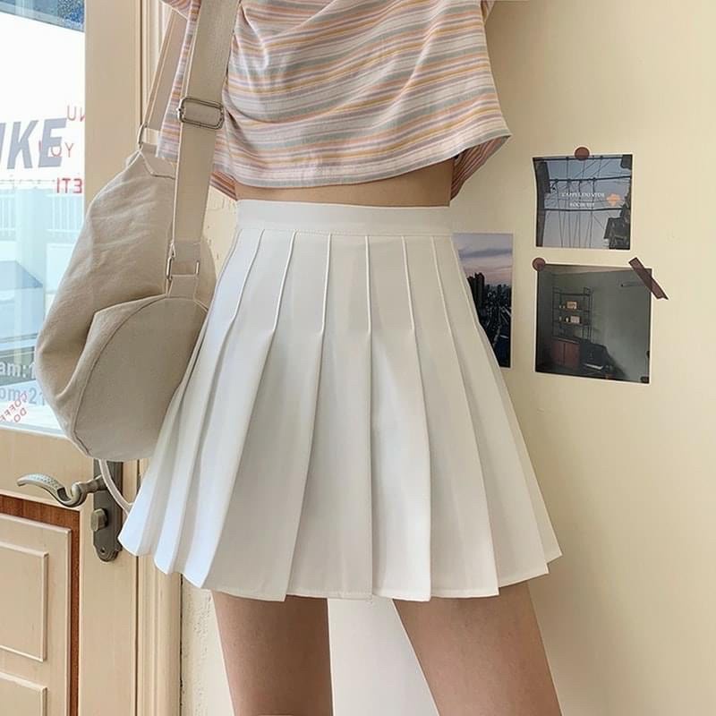 Chân váy tennis xếp ly ngắn xòe bản to màu đen có quần trong cạp lưng chun cao - Chất vải Umi dày dặn co giãn thể thao