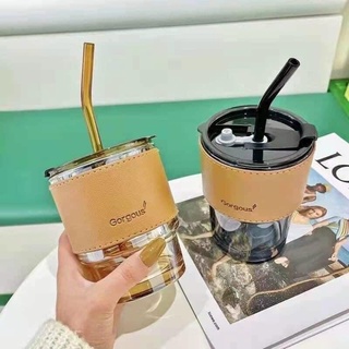 CỐC THUỶ TINH BỌC DA KÈM ỐNG HÚT