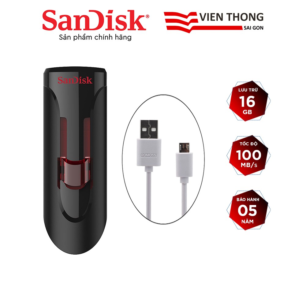 USB 3.0 SanDisk CZ600 16GB Cruzer Glide + Cáp micro USB tròn Romoss - Hãng phân phối chính thức