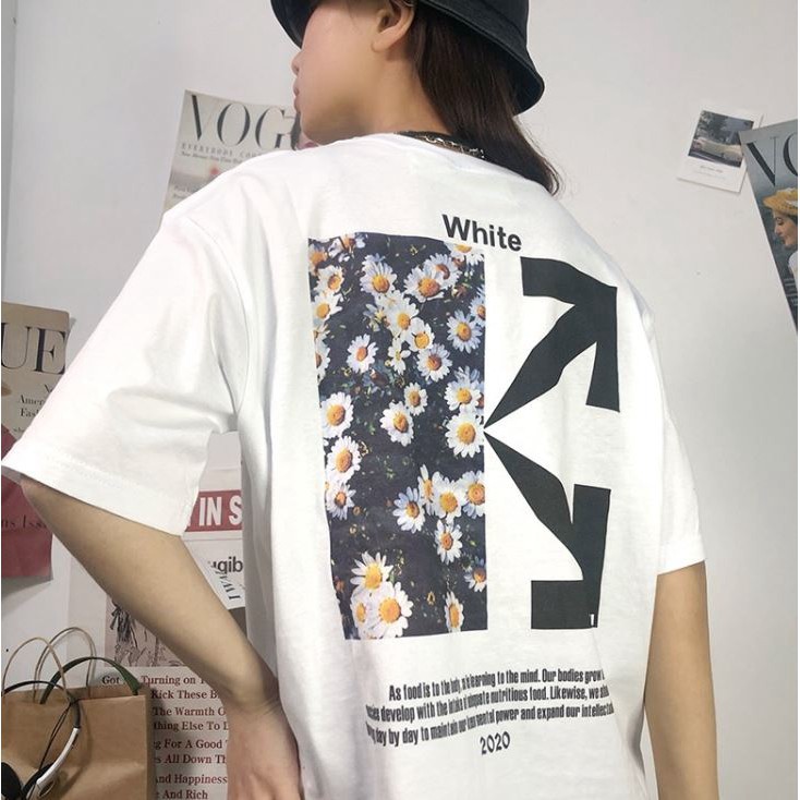 ÁO THUN, ÁO PHÔNG TAY LỠ UNISEX FORM RỘNG OVERSIZE OFF WHITE HOA CÚC M157 LK SHOP