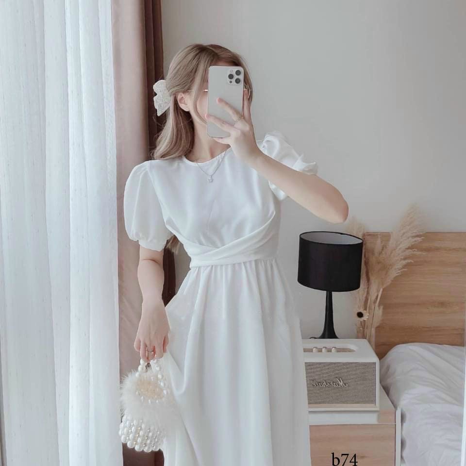 Đầm Xòe Nhúm Eo Nơ Sau Siêu Xinh