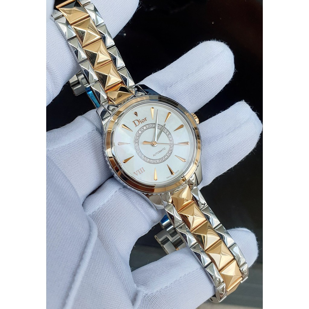 Đồng hồ nữ chính hãng Dior - Máy cơ tự động - Kính Sapphire nguyên khối - Vỏ dây demi vàng 18k