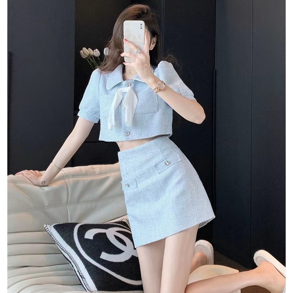 SET ÁO CROPTOP BỐ XANH PHỐI NƠI TRẮNG + CHÂN VÁY