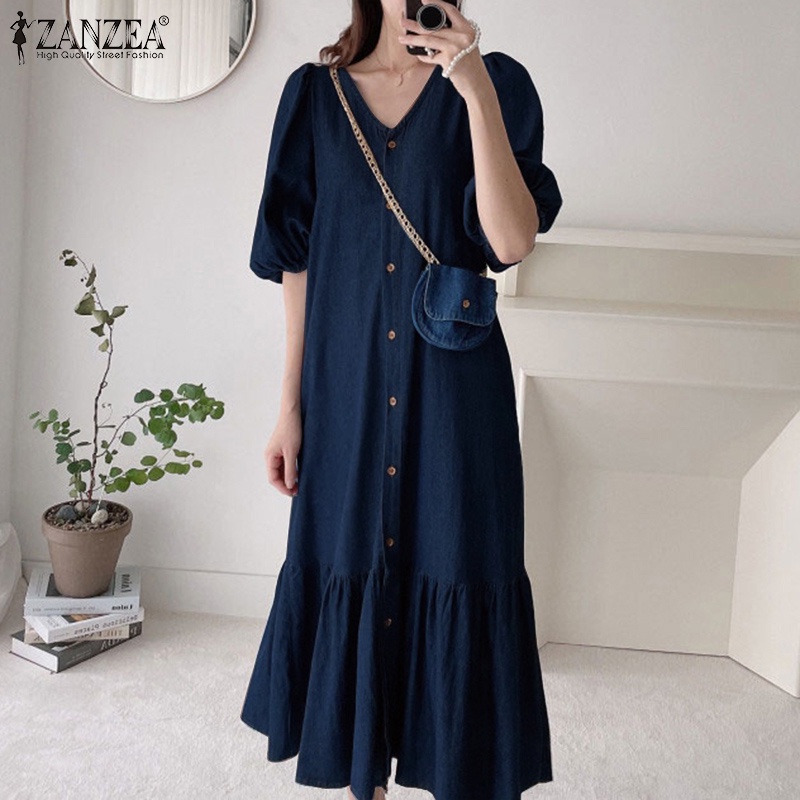 Đầm denim ZANZEA tay lửng cổ chữ V viền bèo phong cách Hàn Quốc thời trang cho nữ